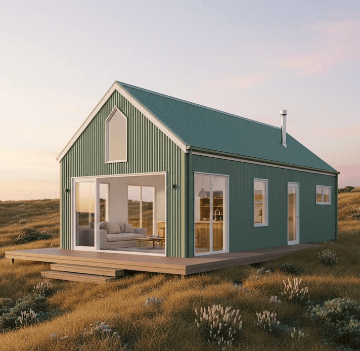 Beautiful shed house showing colour bud cladding on the outside, light grey, light green colour, in a beautiful field at sunset