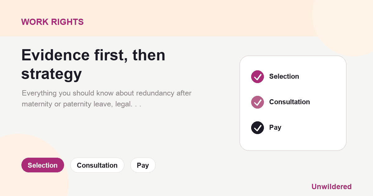 Explainer card for Redundancy after maternity or paternity leave: Your rights explained: Selection, Consultation, Pay.
