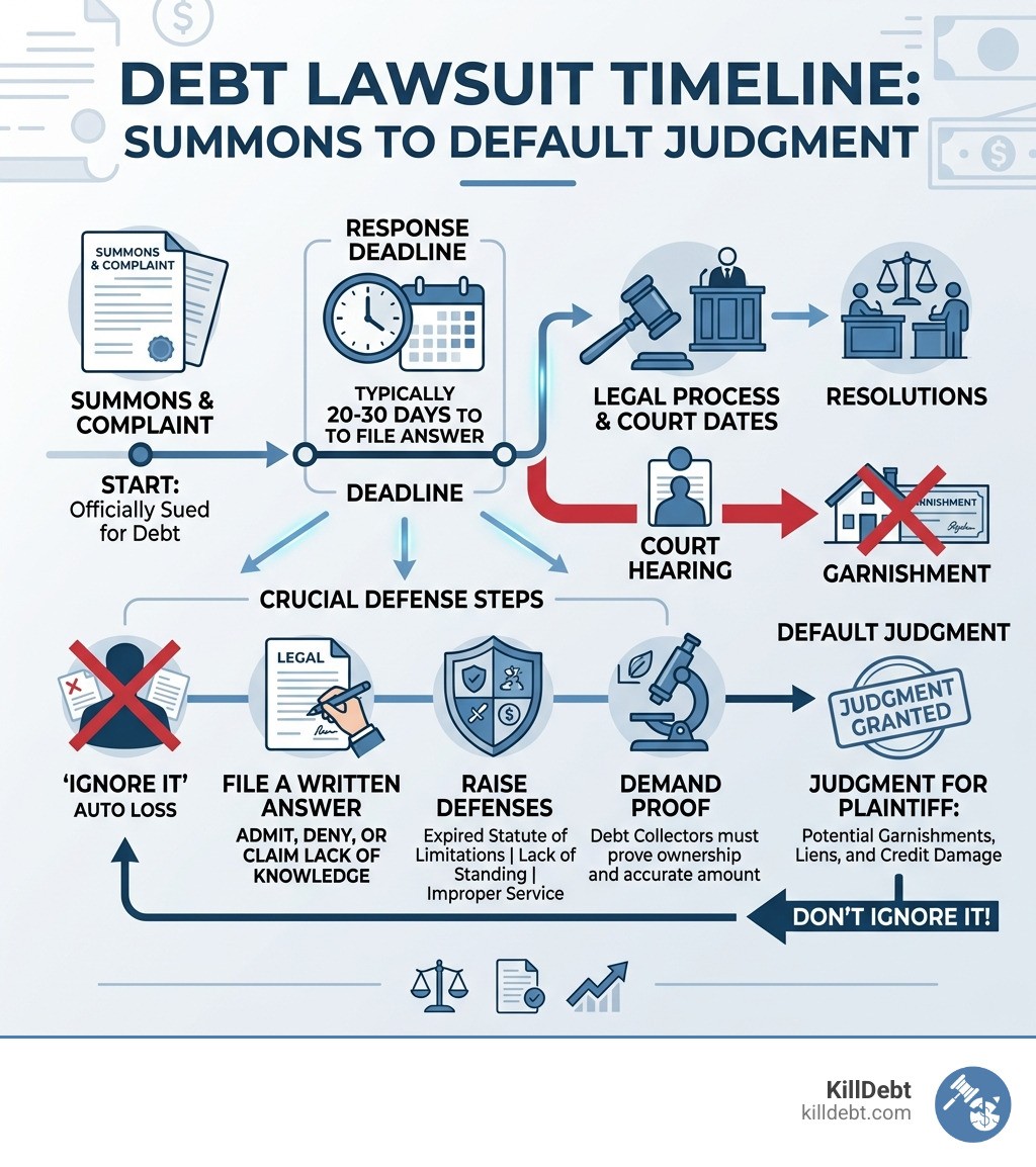Debt lawsuit timeline from summons to default judgment, with key deadlines and defense steps - debt lawsuit defense guide