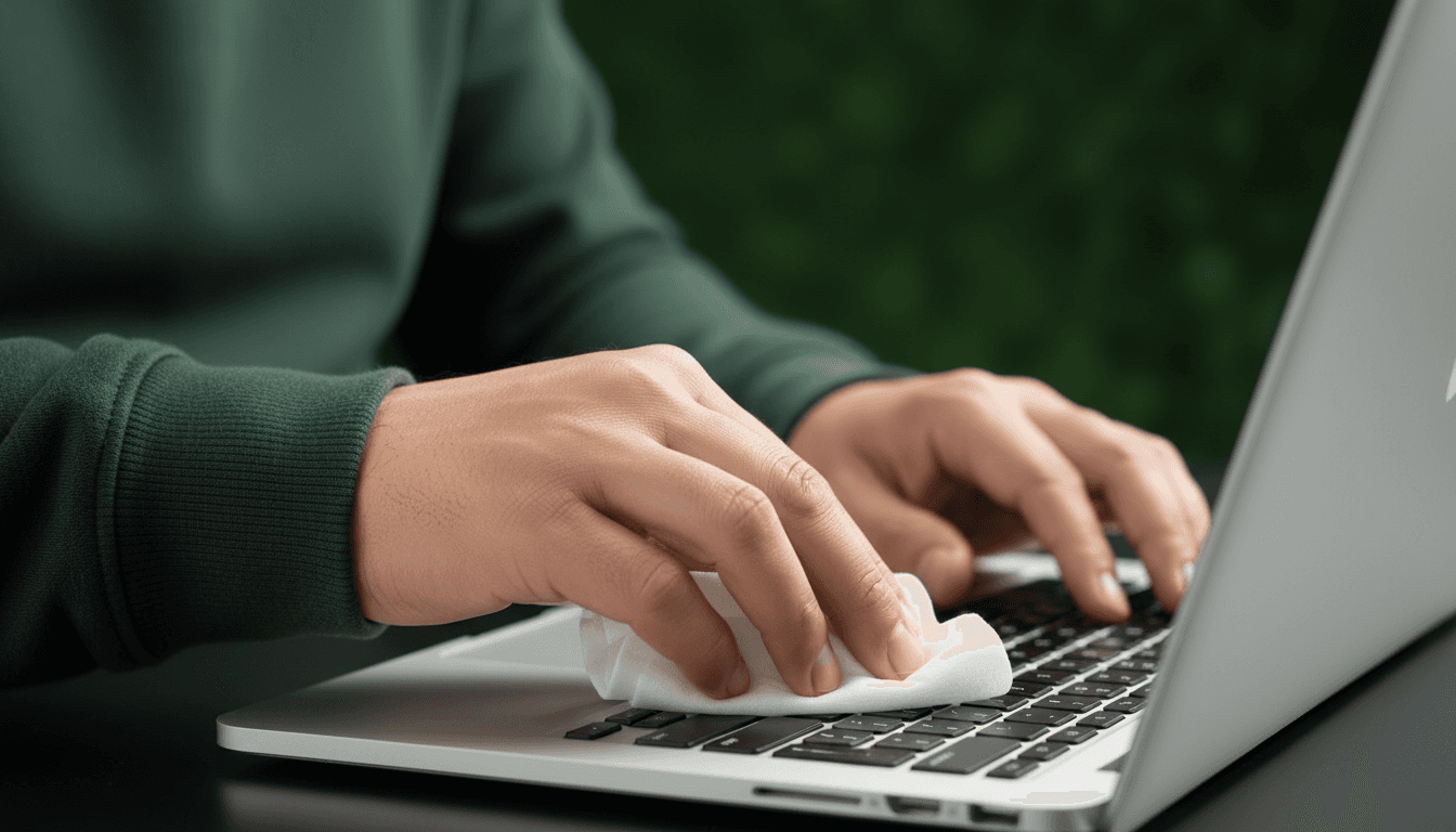  A person cleans their laptop keyboard with a cleaning cloth.