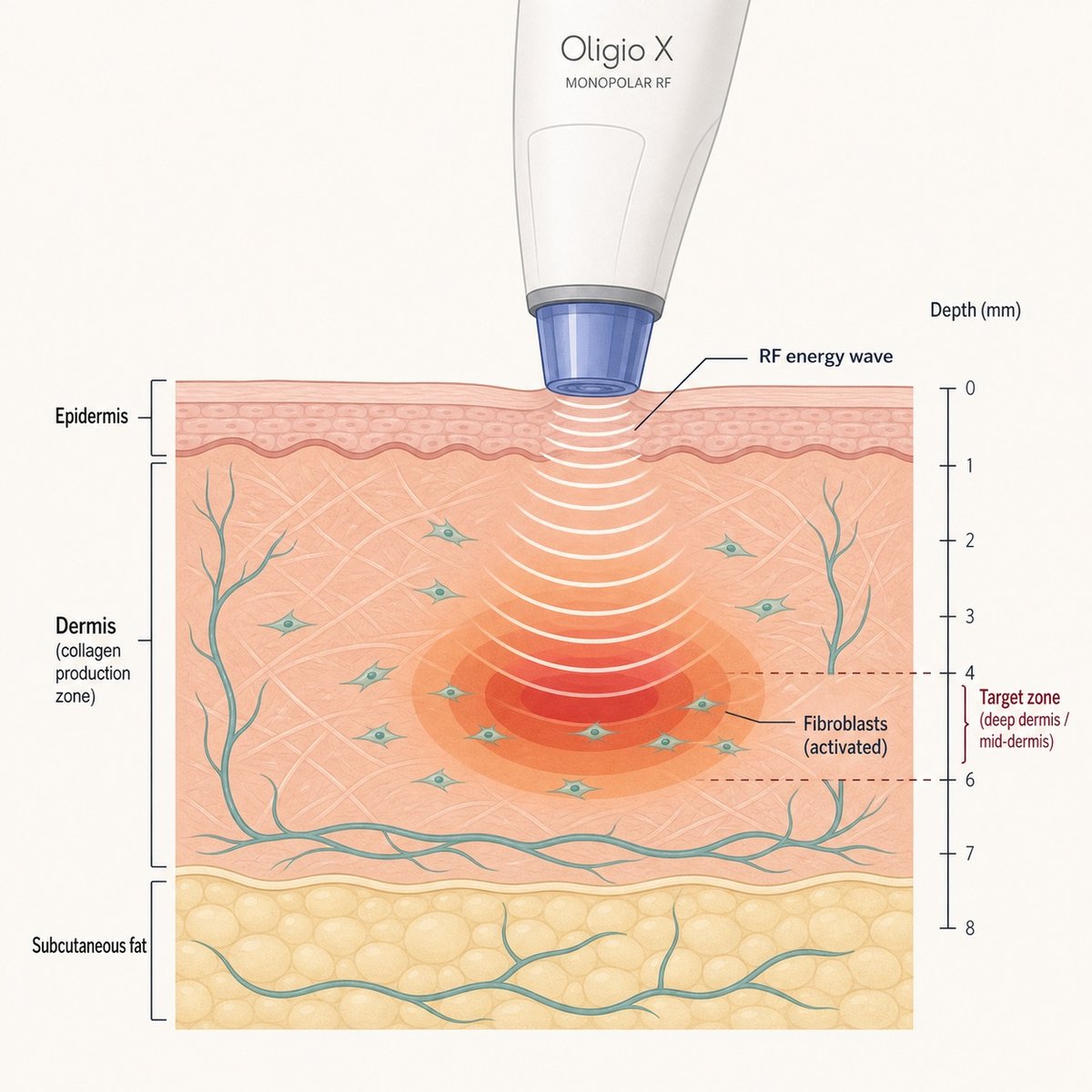 Cross-section showing Oligio X monopolar RF energy penetrating into the dermis layer to activate fibroblasts and stimulate collagen production