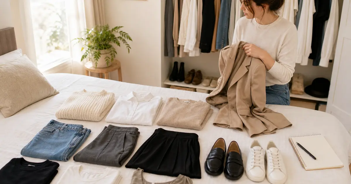 Person sorting existing neutral clothes, shoes, and layers into a compact capsule wardrobe on a bed