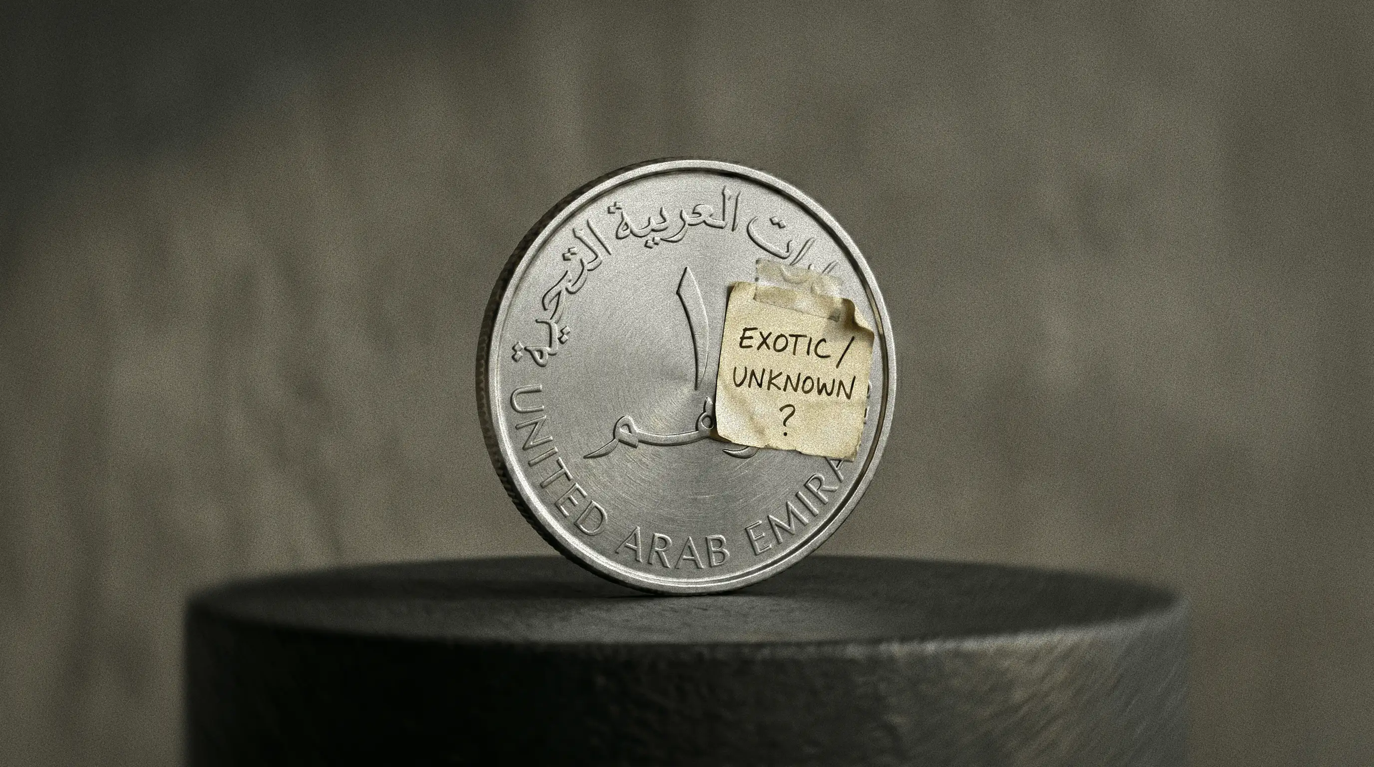 Moneda de dirham con etiqueta que dice “exótico o desconocido”.
