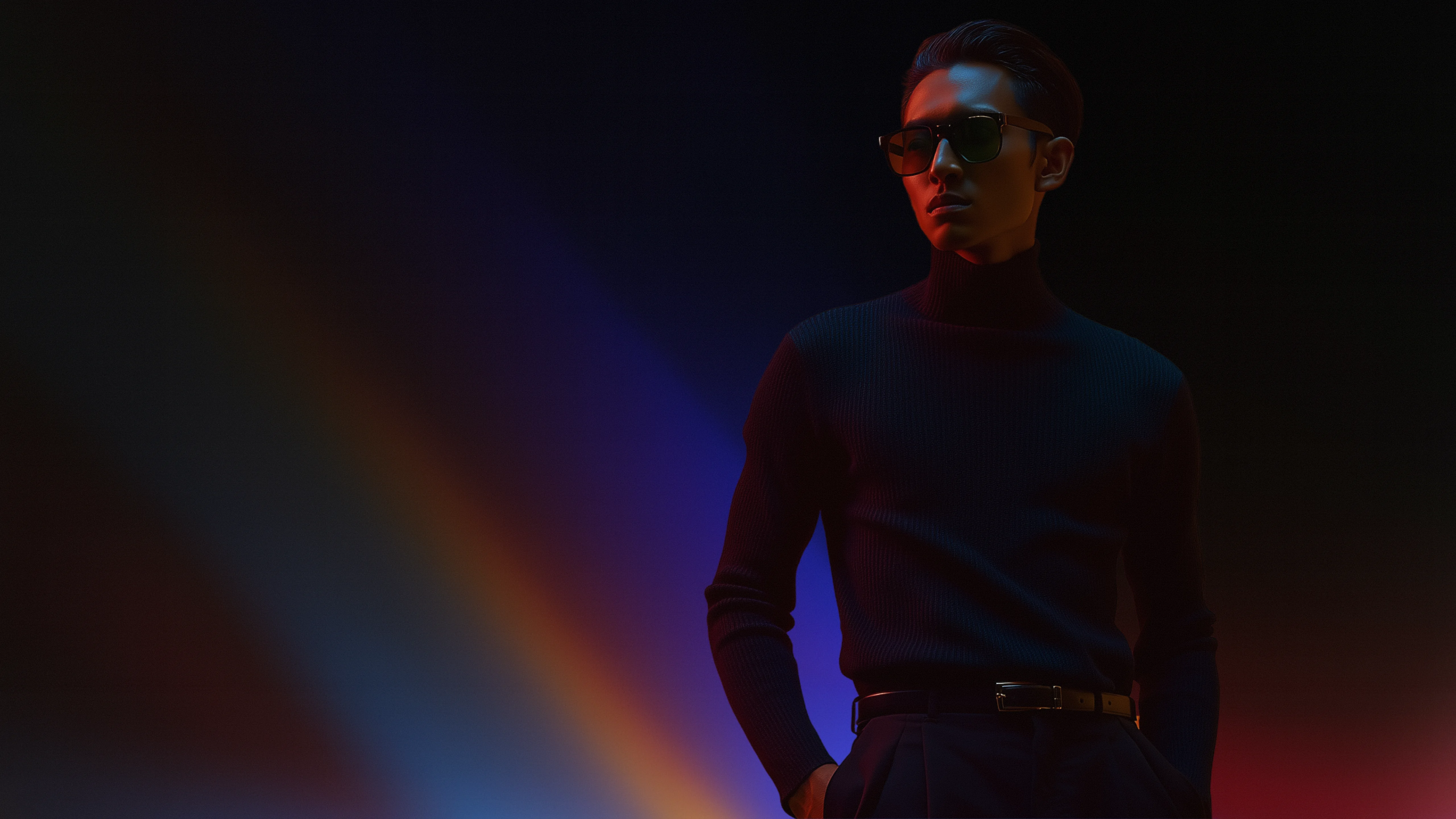 Close-up portrait of a man in sunglasses with artistic lighting, used as footer background to create a cinematic, premium look