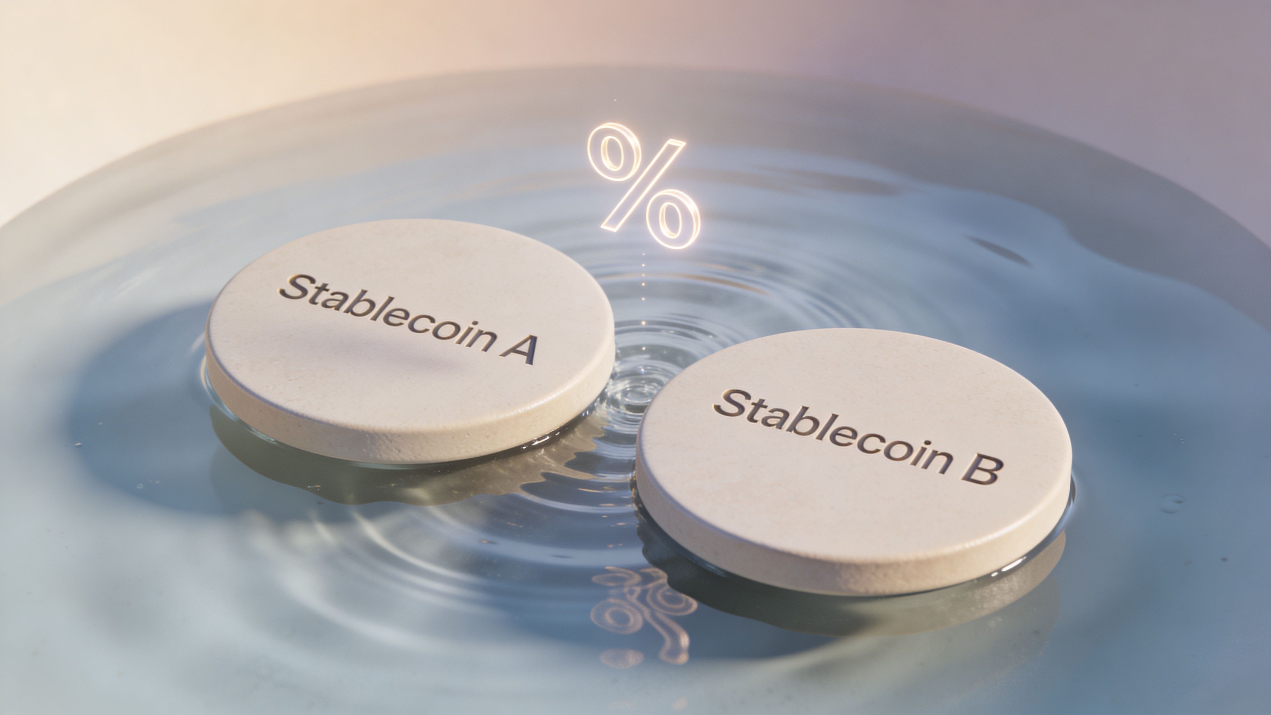 Two stone disks labeled Stablecoin A and Stablecoin B floating in water with a glowing percentage symbol.