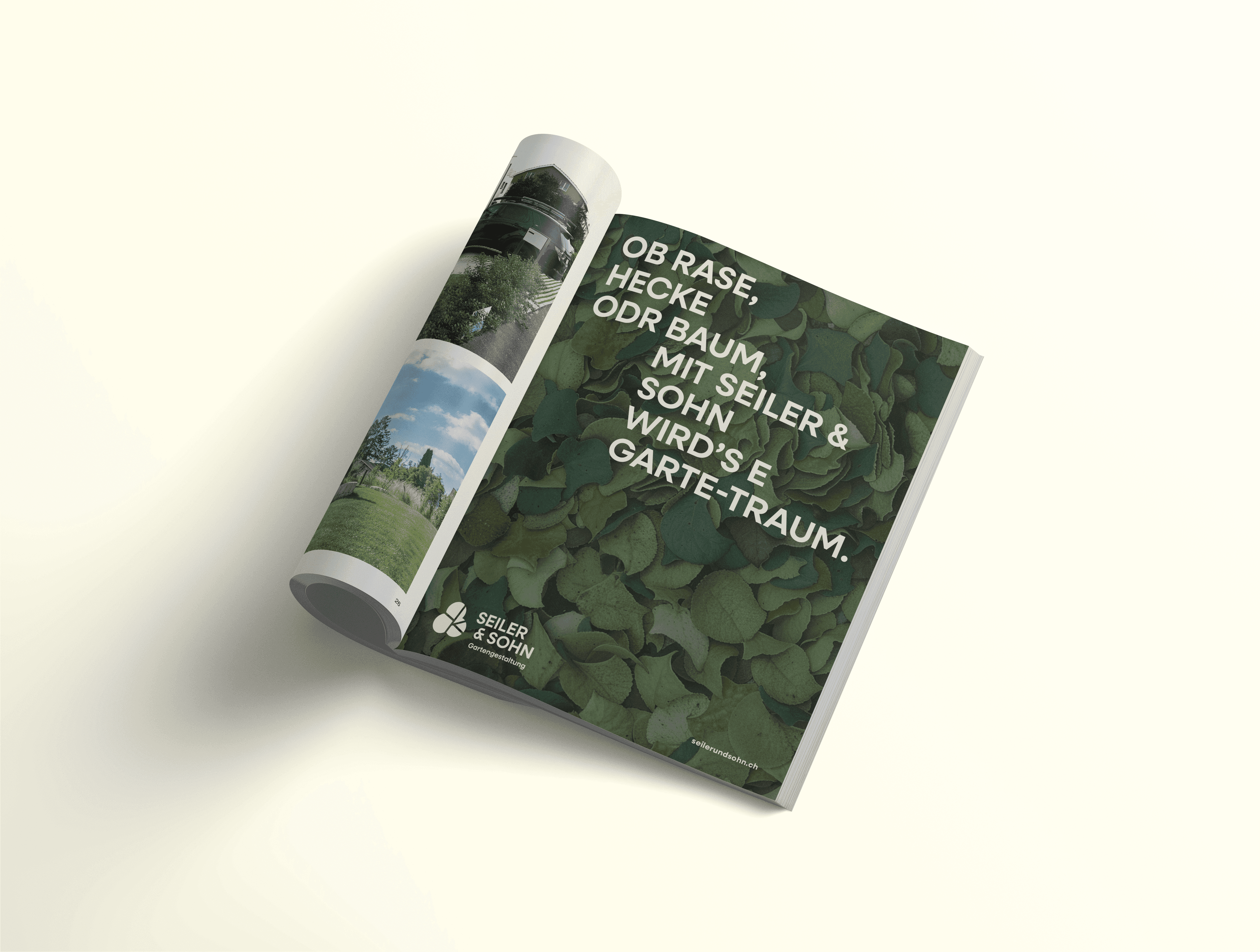 Aufgerolltes Magazin-Inserat mit demselben Eukalyptus-Motiv und Dialekt-Slogan als Produktmockup auf neutralem Hintergrund.