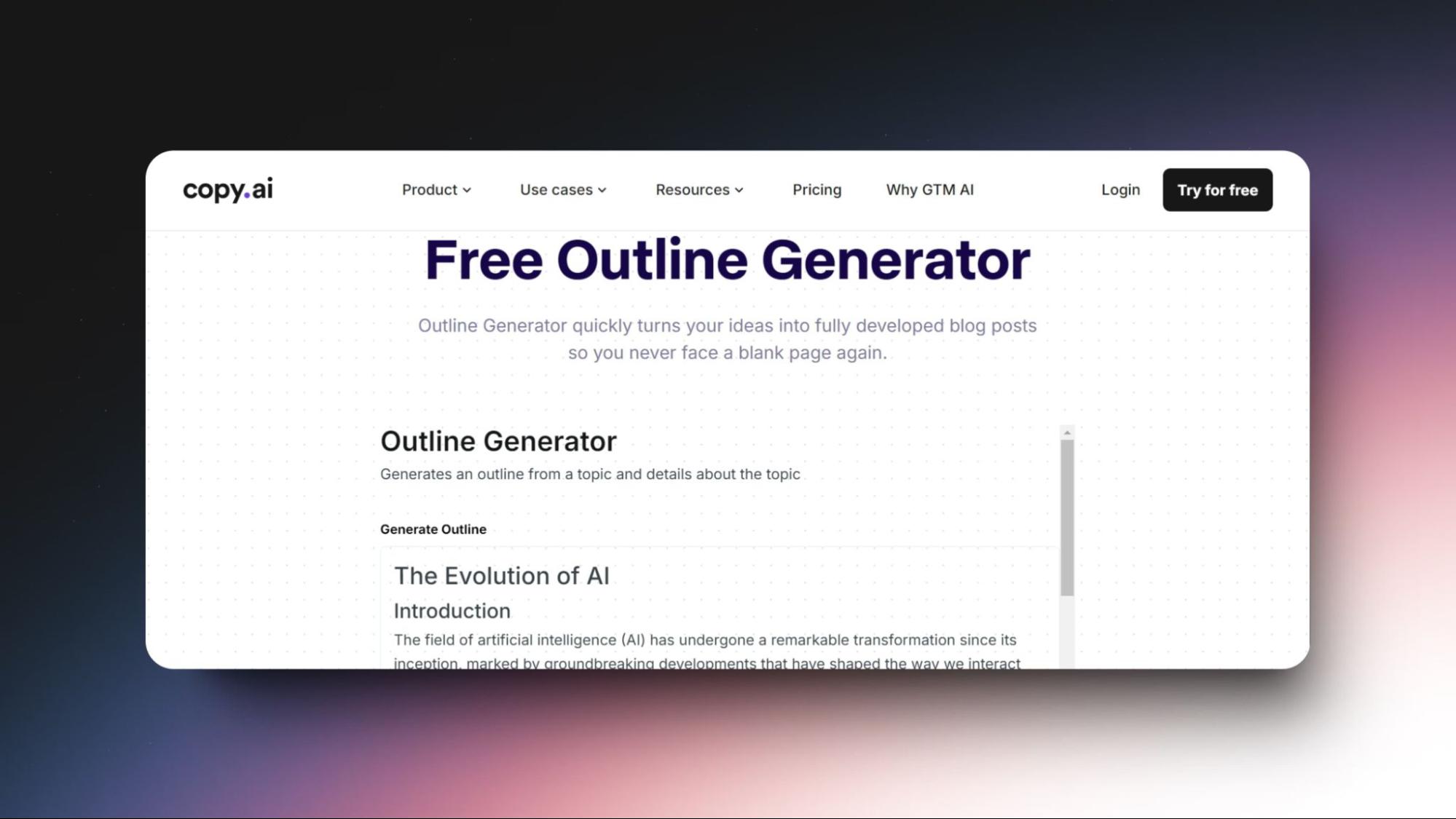 Screenshot of Copy.ai's free outline generator tool, designed to create fully developed blog post outlines from user-provided topics.