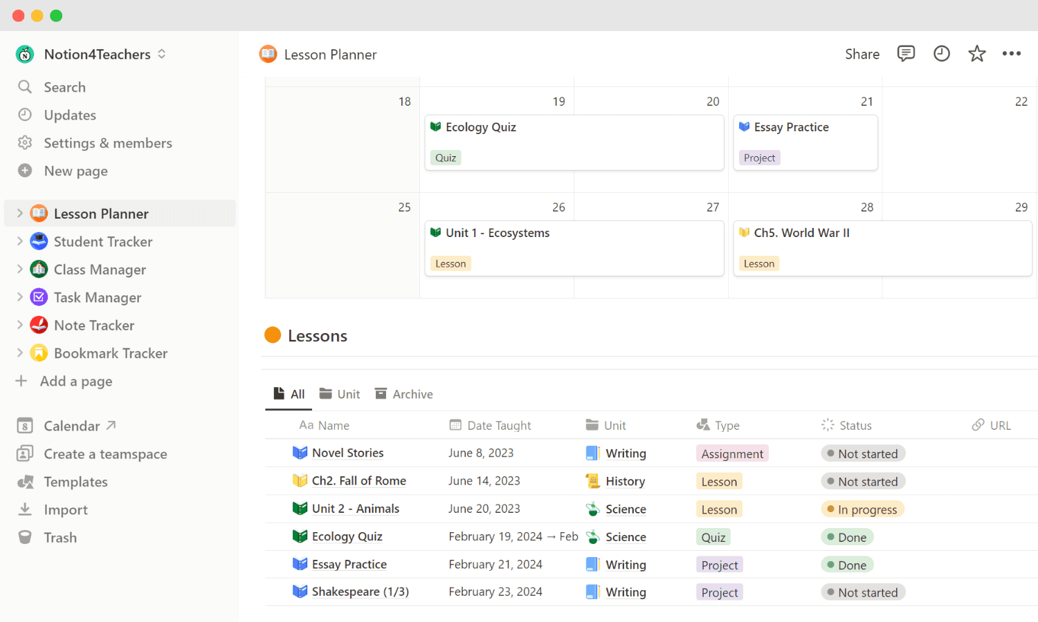 screenshot of lesson planner notion template for teachers