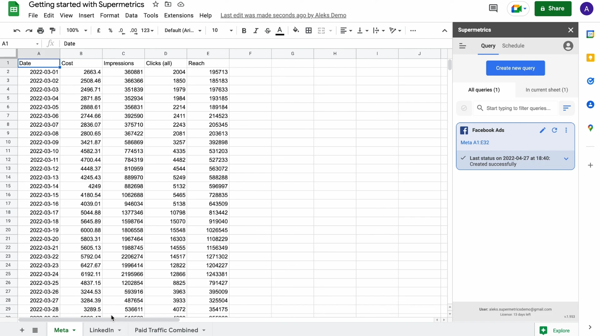 Social media data imported into Google Sheets with a SaaS marketing tool called Supermetrics