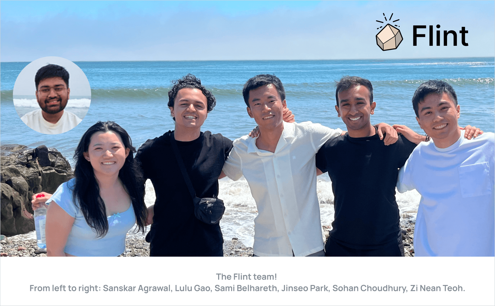 The Flint team!  From left to right: Sanskar Agrawal, Lulu Gao, Sami Belhareth, Jinseo Park, Sohan Choudhury, Zi Nean Teoh. 