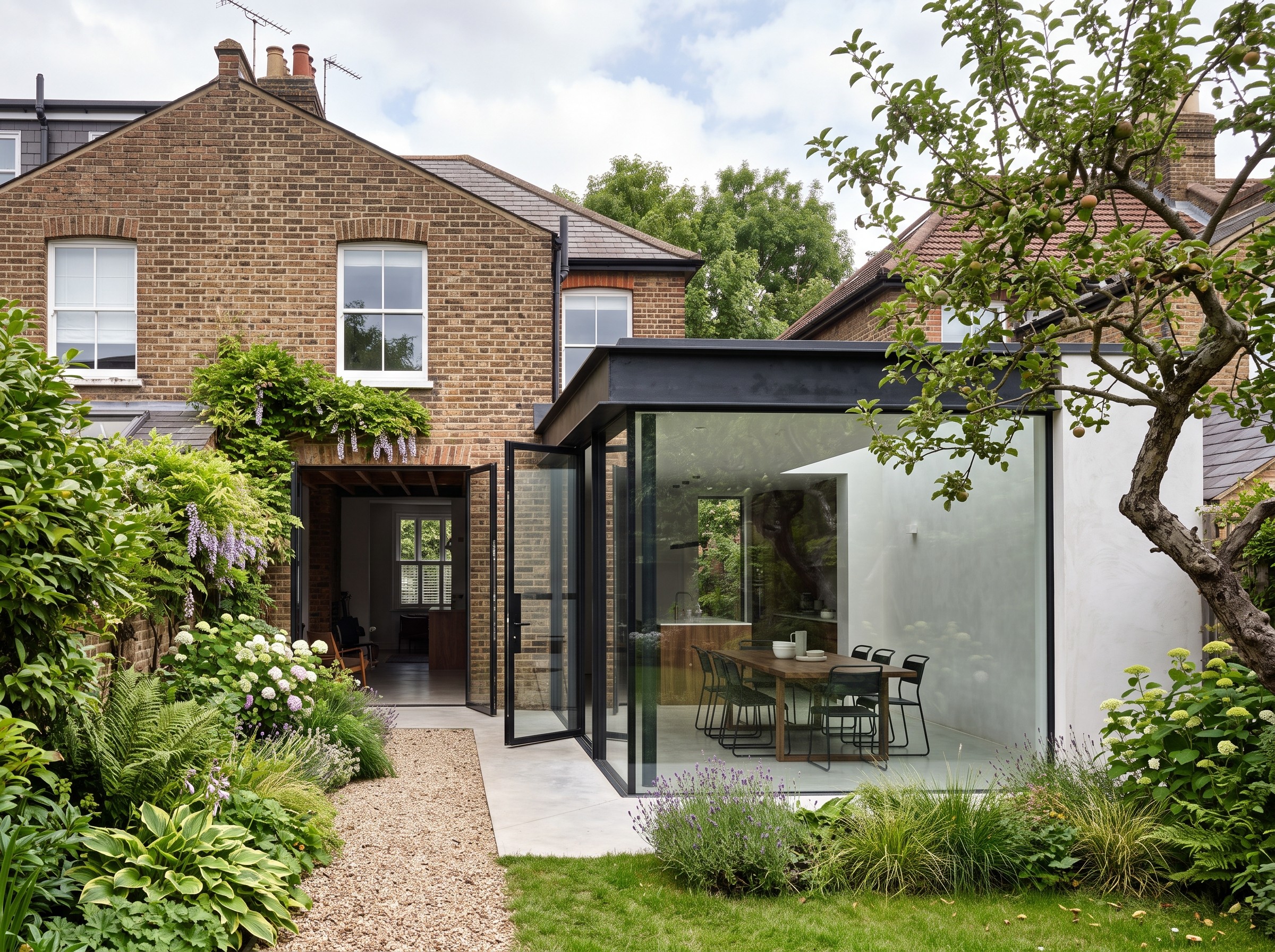 Orchard House Extension, a glass and steel-framed extension against the original Victorian brick house at morning.