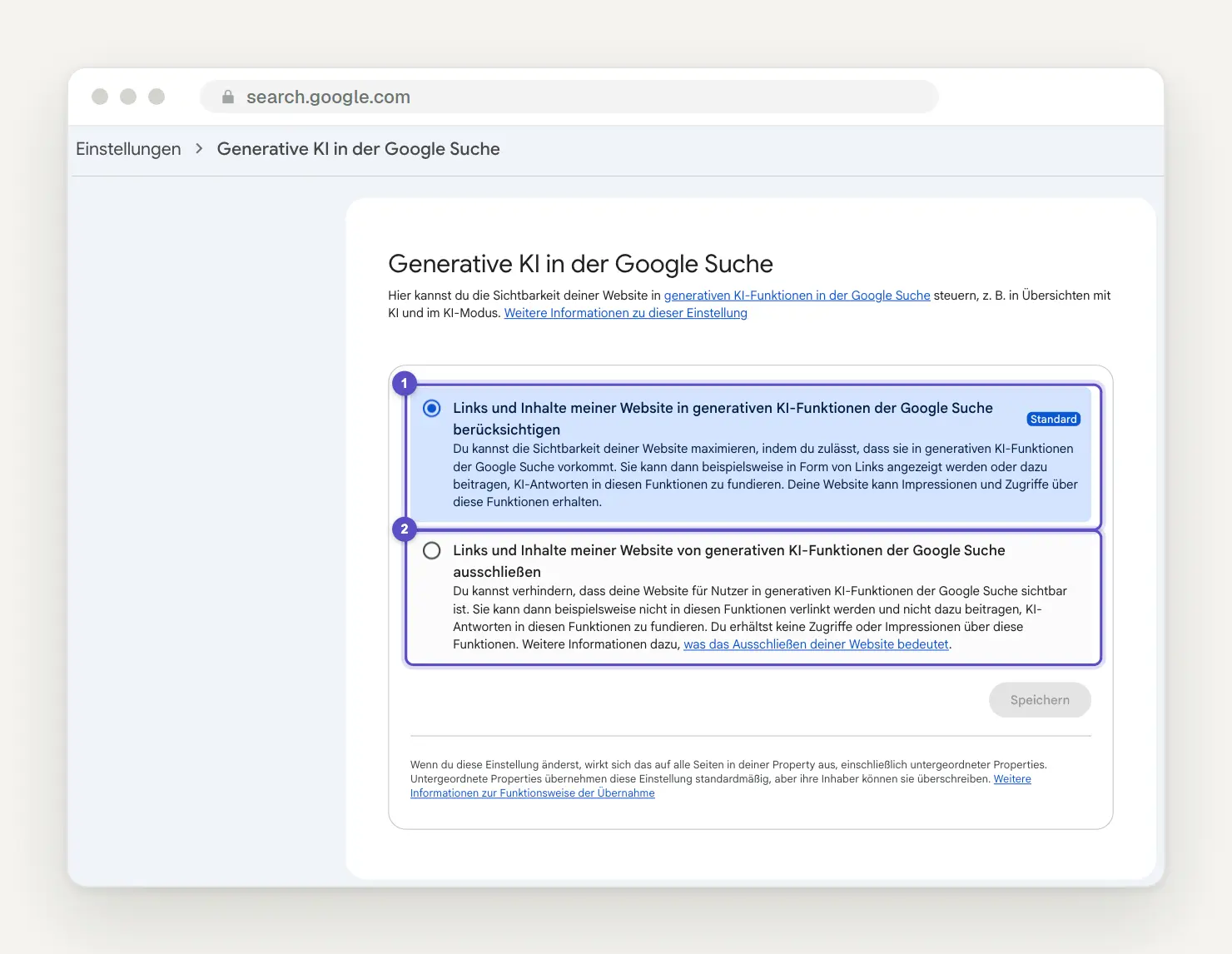 Search Console, Einstellung Generative KI in der Google Suche: ausgewählte Standardoption, Links und Inhalte in generativen KI-Funktionen zu berücksichtigen, darunter die Option zum Ausschließen