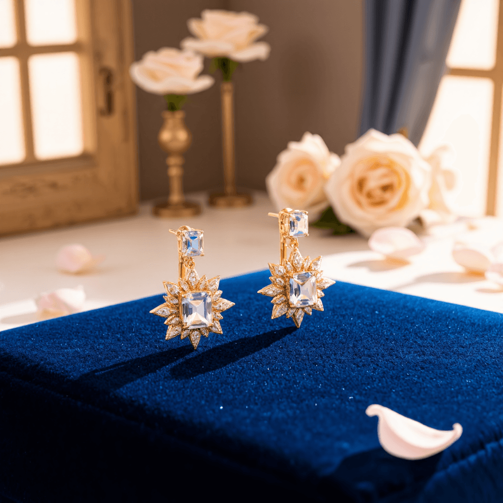 product photography of a pair of earrings with a sparkling design
