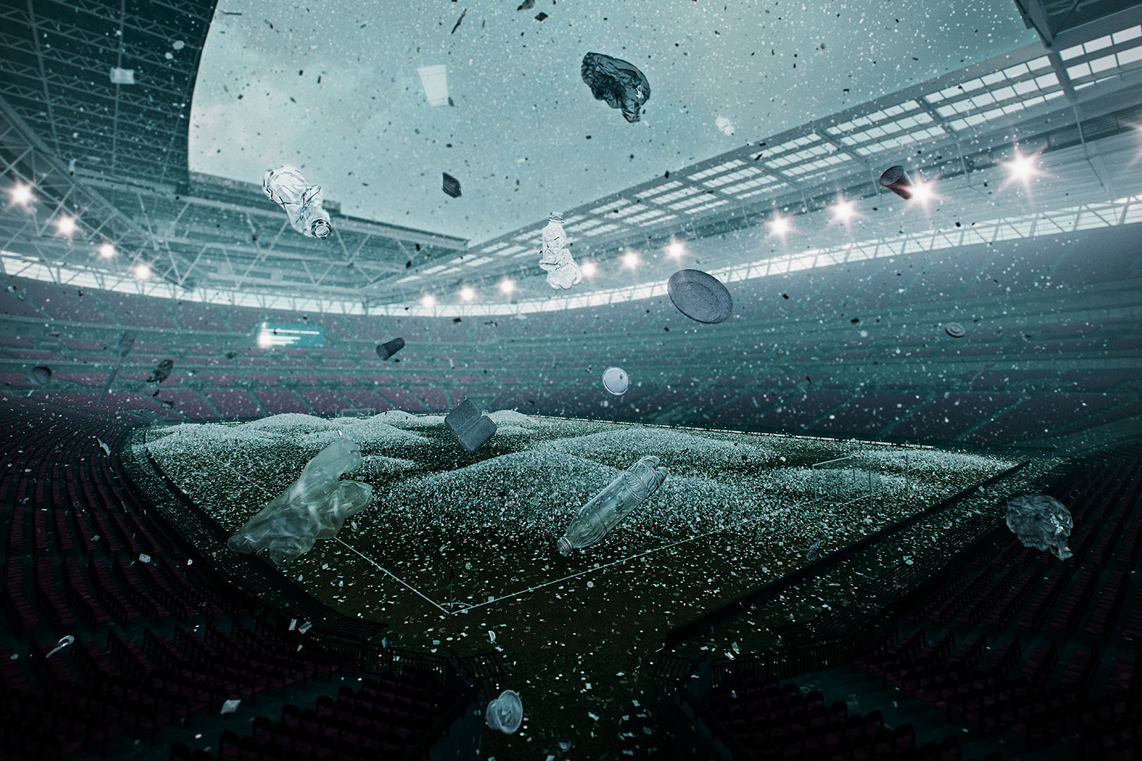 Wembly stadium, dark and moody, being filled up with plastic bottles and waste