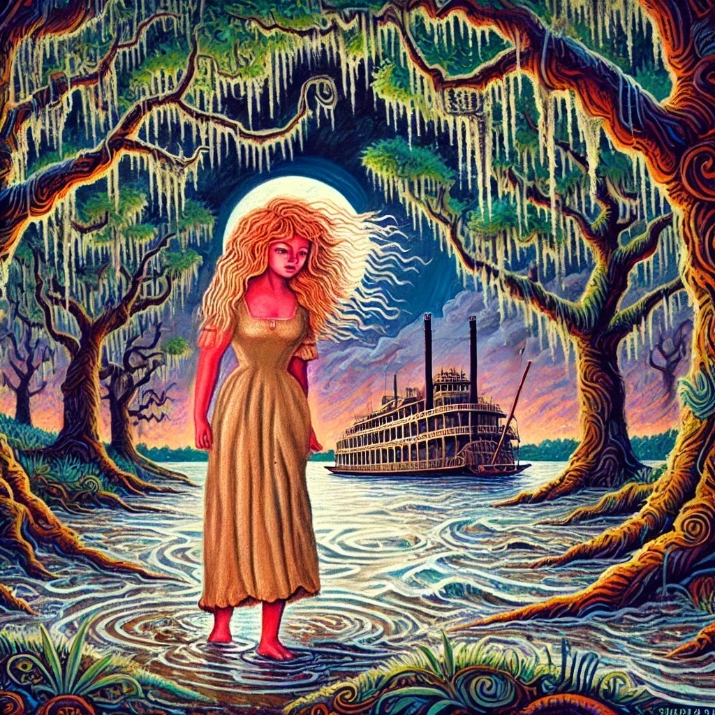 Evangeline stands barefoot on the muddy banks