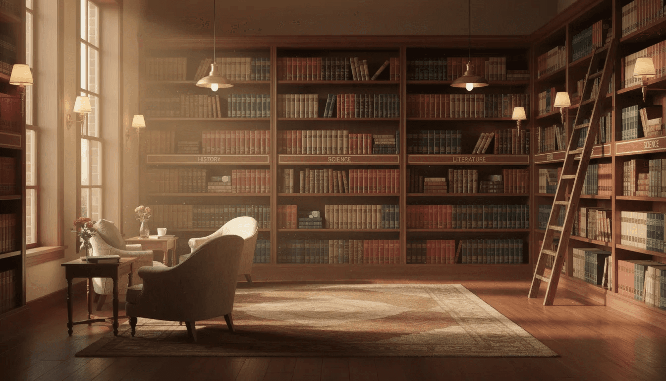 The image depicts a well-organized library with neatly arranged books on shelves, creating a warm and inviting atmosphere perfect for discovering new titles. This space invites readers to explore and find games or literature that spark their interest, enhancing their adventure in the world of reading.