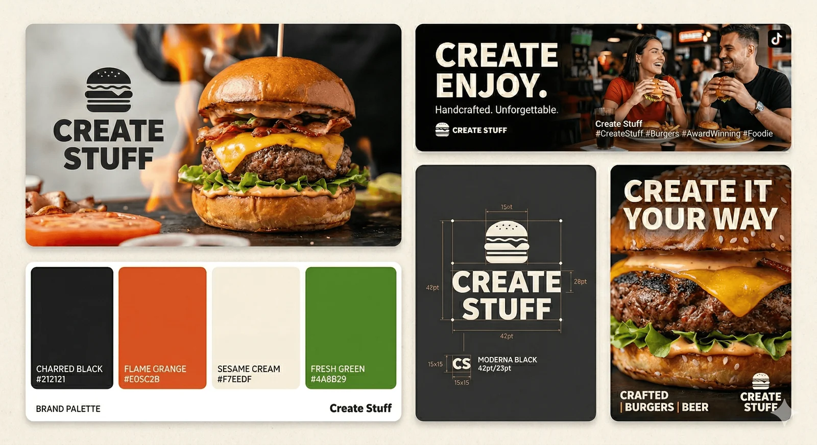 A brand identity board for a fictional burger brand called Create Stuff, showing a logo, colour palette and social posts