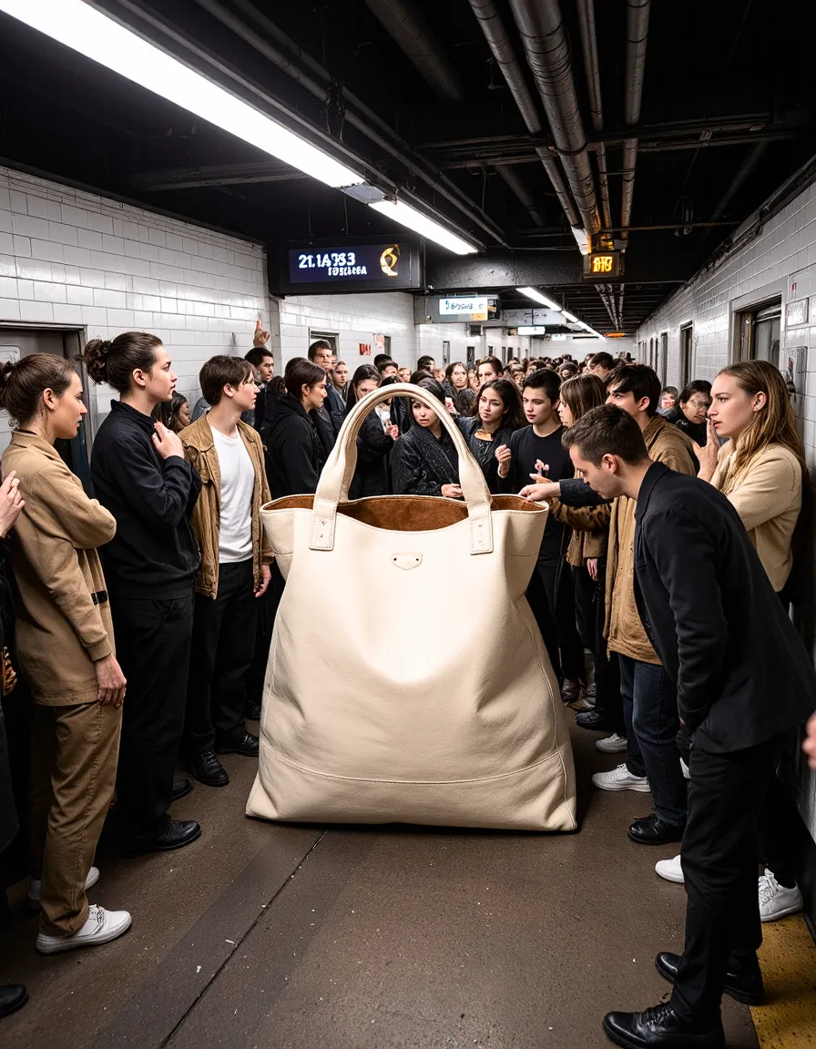 Oversized cream leather tote bag displayed in crowded subway station platform with commuters gathered around