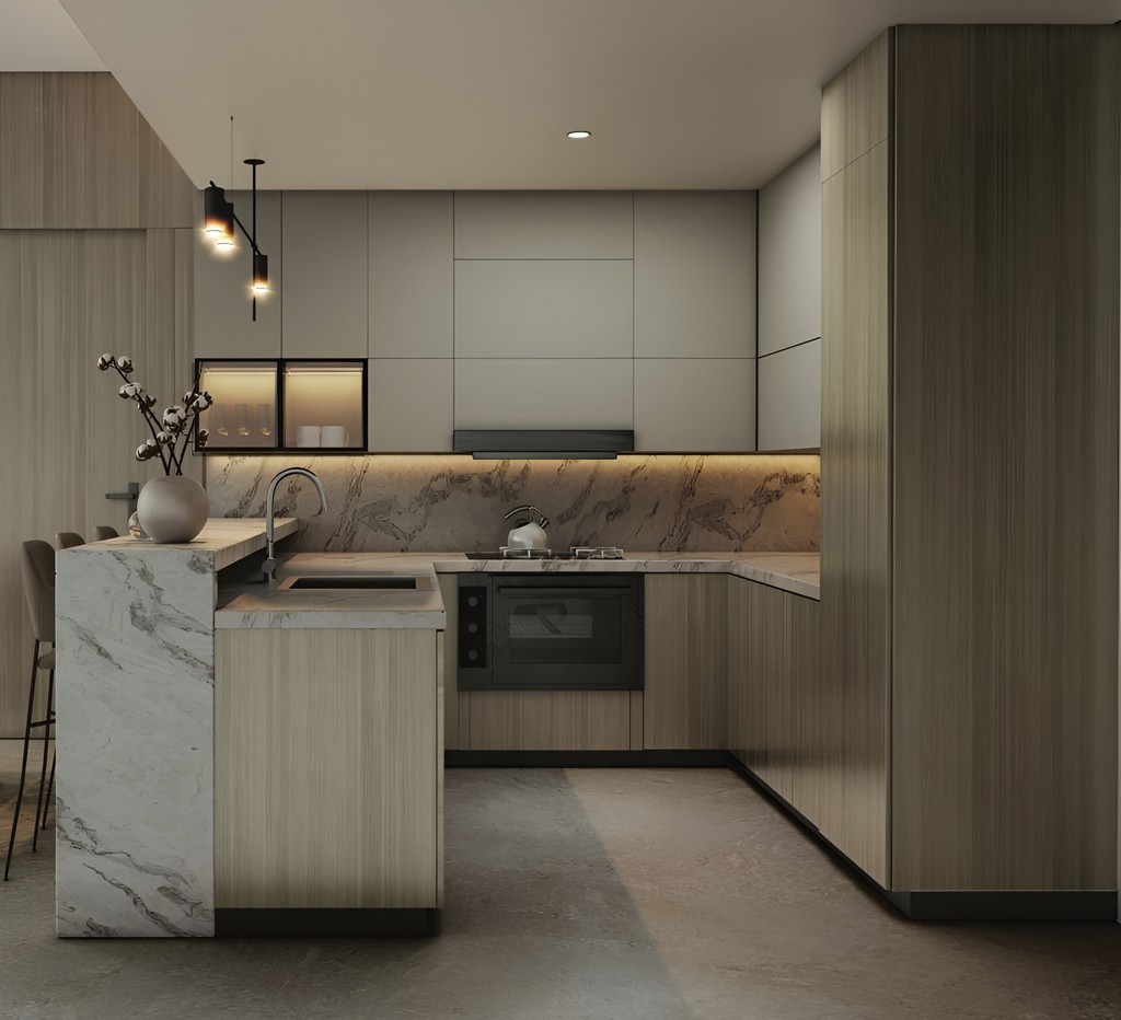 Aizel Tower kitchen with a sink, microwave, and oven, highlighting a clean and efficient cooking space.