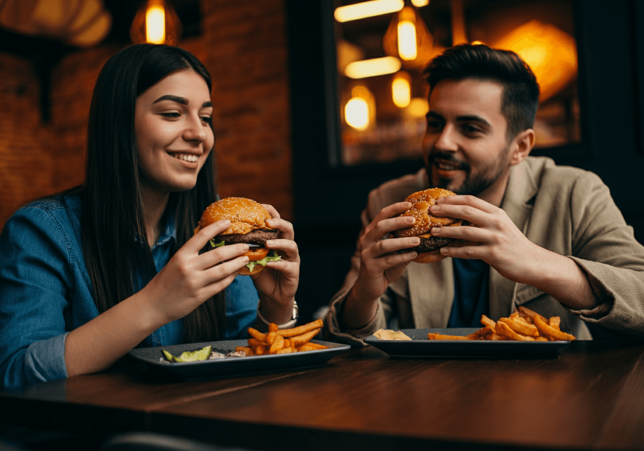 People in the restaurant holding burger