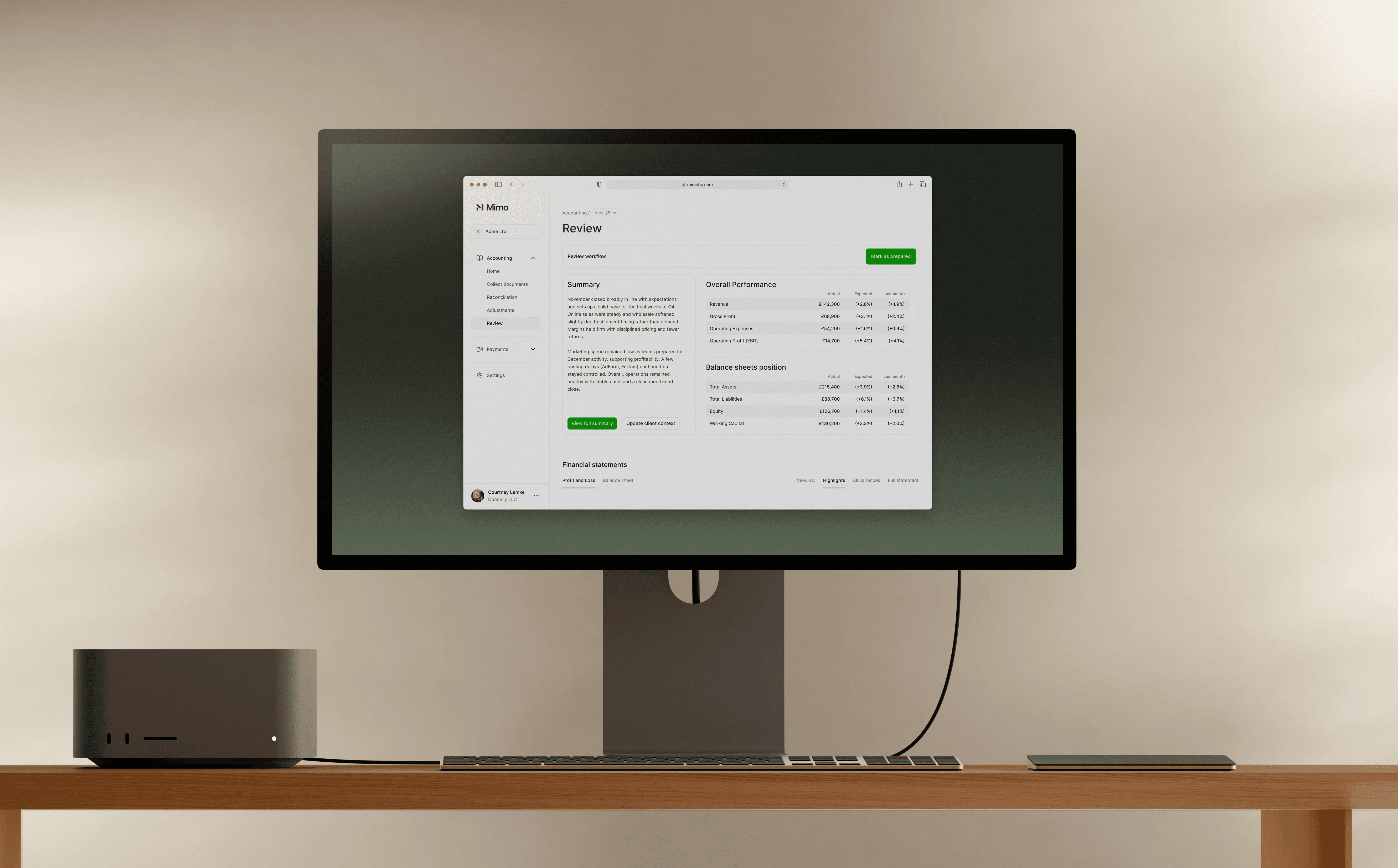 Monitor showing mimo dashboard