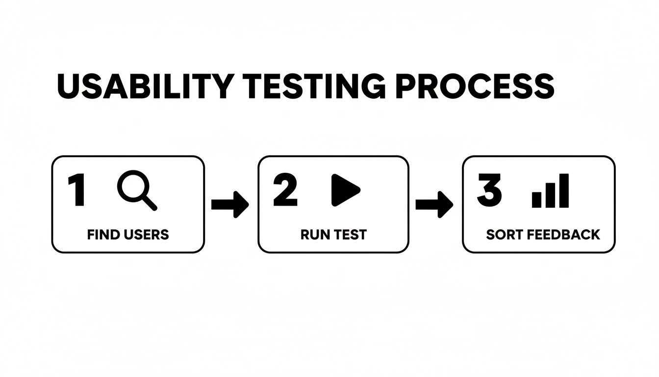 Diagram illustrating the three steps of a usability testing process: find users, run test, and sort feedback.