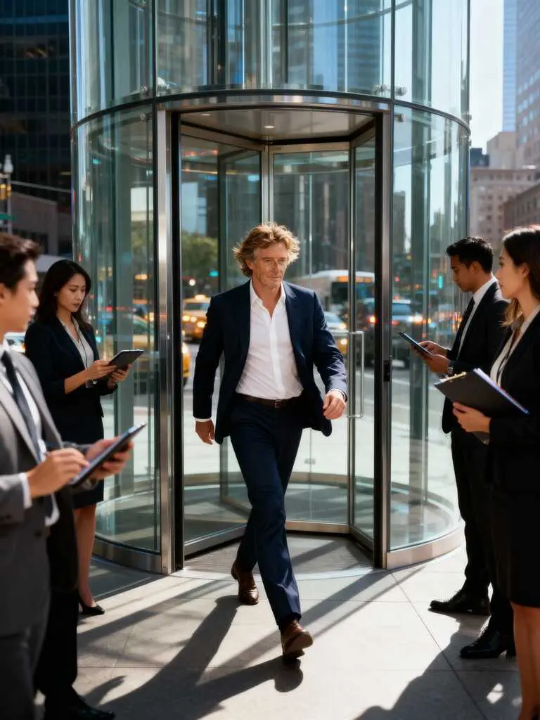 sora2 man in suit walking into office with team