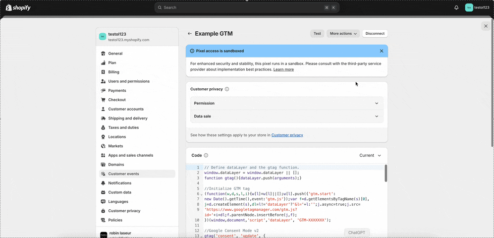 Bildschirm Customer events im Shopify-Admin mit einem Custom-GTM-Pixel und dem Tracking-Code