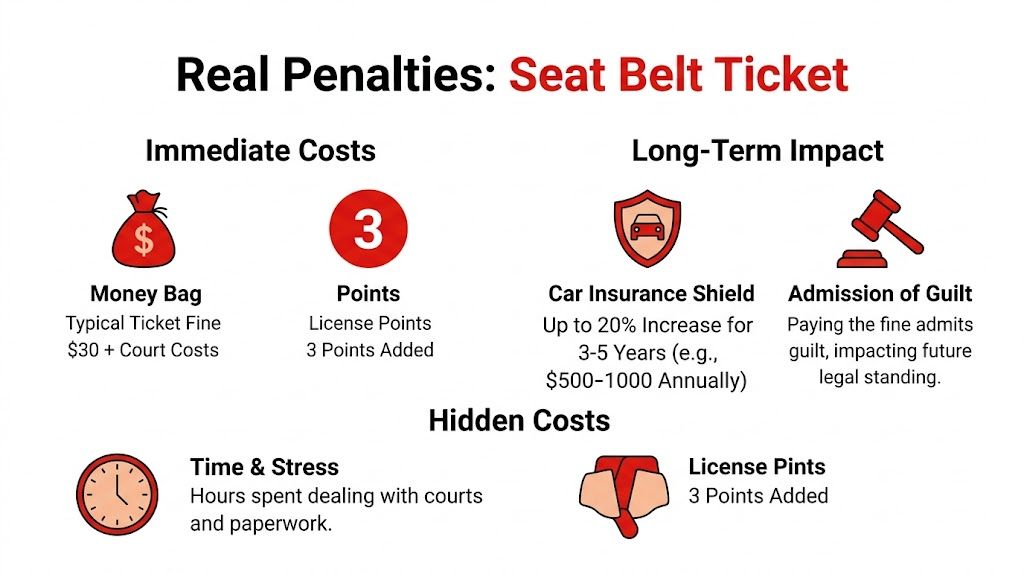 An infographic detailing the immediate, long-term, and hidden costs associated with receiving a seat belt ticket.
