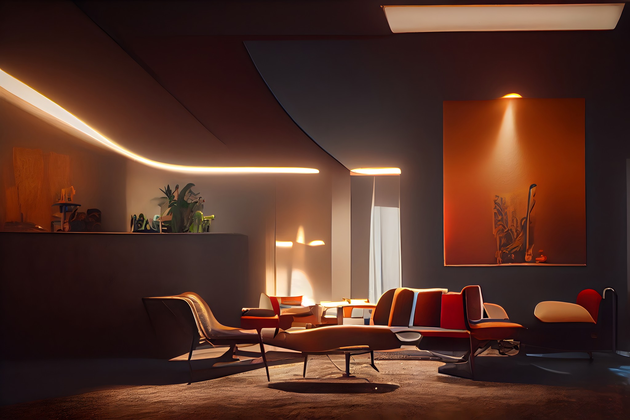 Warm orange living room with sofa and lamp.
