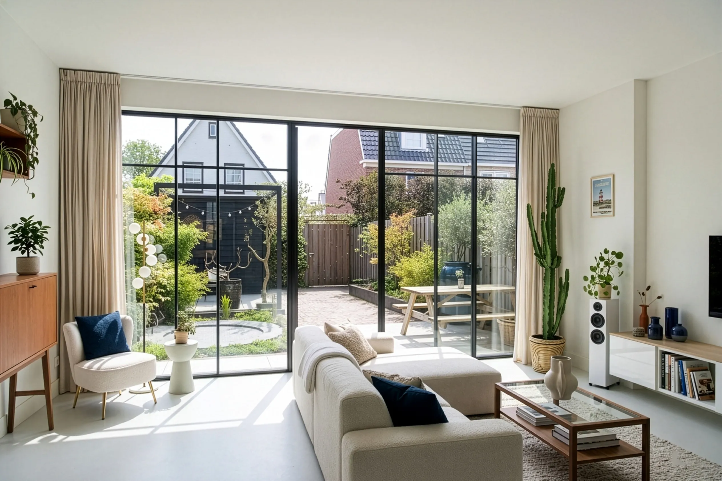 Maatwerk schuifpui met zwarte kozijnen geplaatst in uitbouw van woning in Den Haag