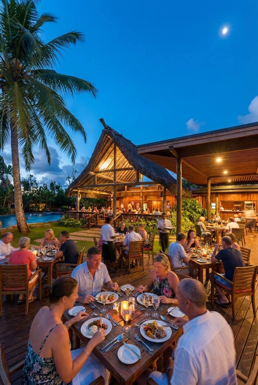 People dining al fresco at Uprising Beach Resort's restaurant by the illuminated pool and palm trees at dusk.