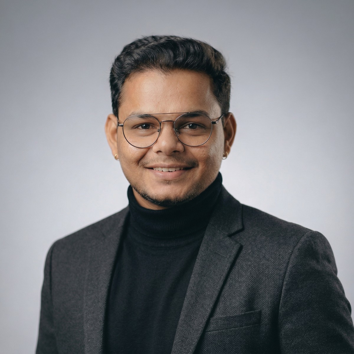 Smiling man with neat dark hair, glasses, black turtleneck, and gray blazer.