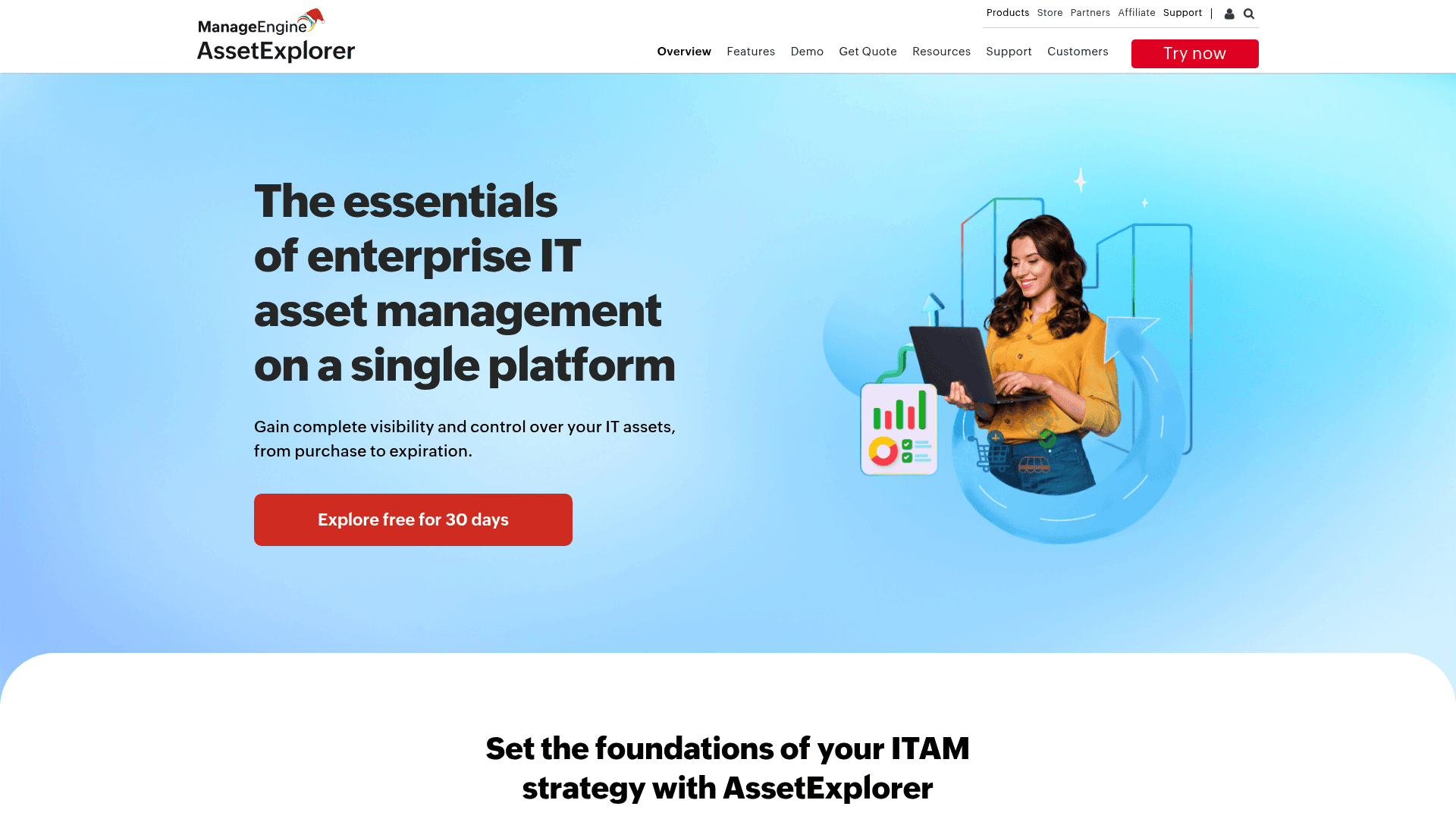 A screenshot of the ManageEngine AssetExplorer product page, a comprehensive ITAM tool for those seeking Lansweeper alternatives.