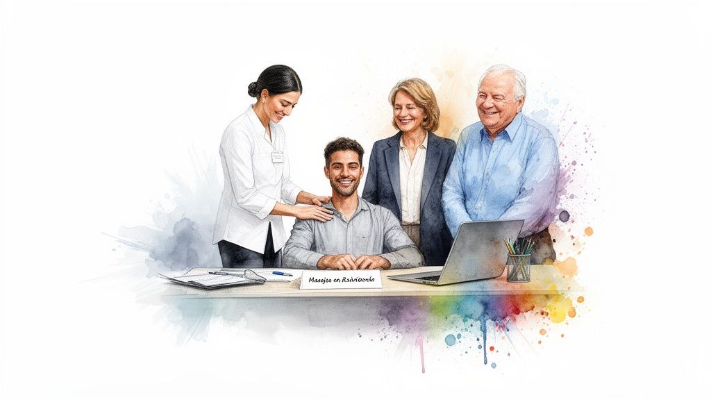 Ilustración acuarela de un equipo multigeneracional feliz. Un profesional joven recibe apoyo de colegas en una oficina.