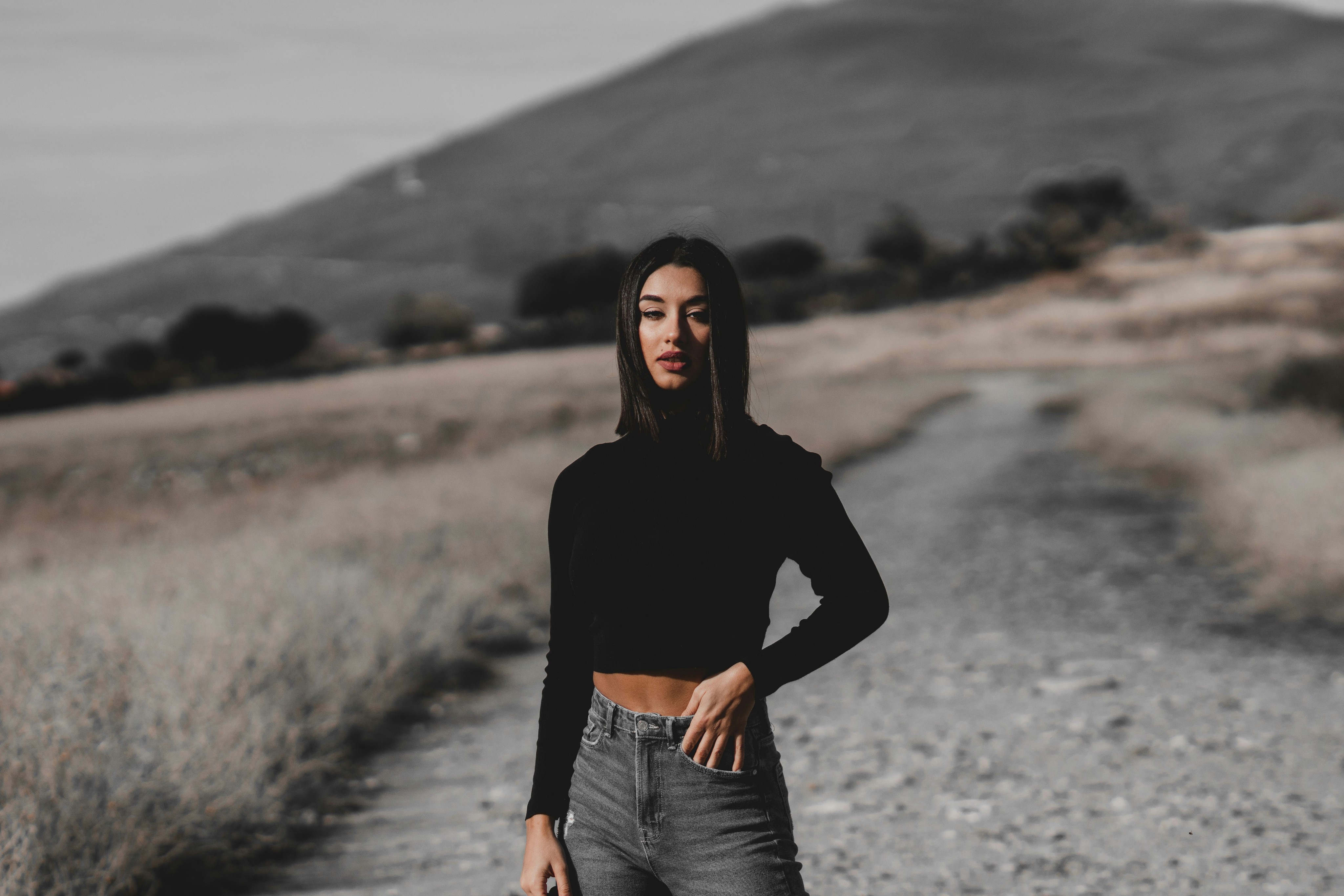 Model posing in front of the camera