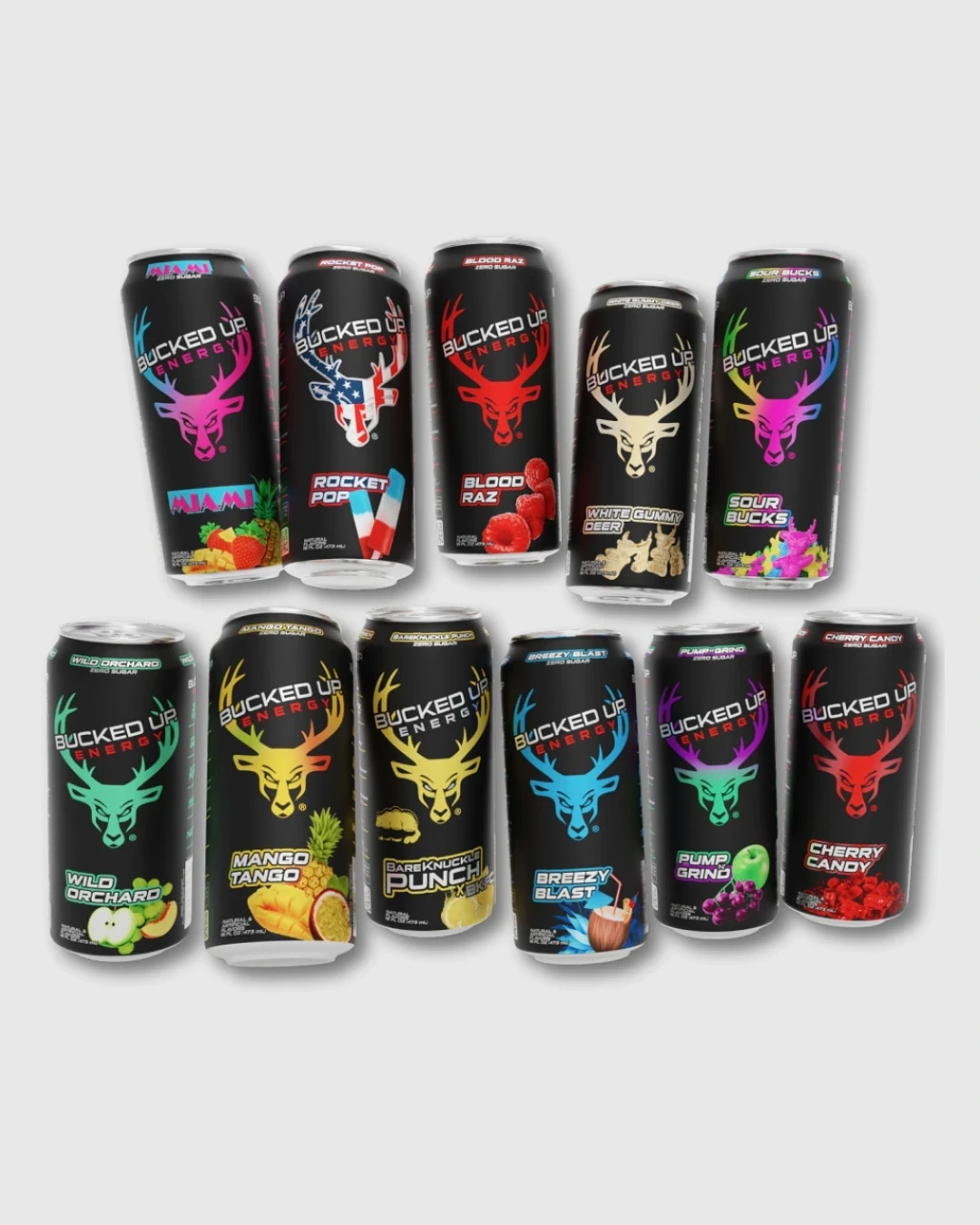 Assorted Bucked Up Energy drink cans in various flavors including Miami, Rocket Pop, and White Gummy Deer, showcasing bold branding and colorful packaging.