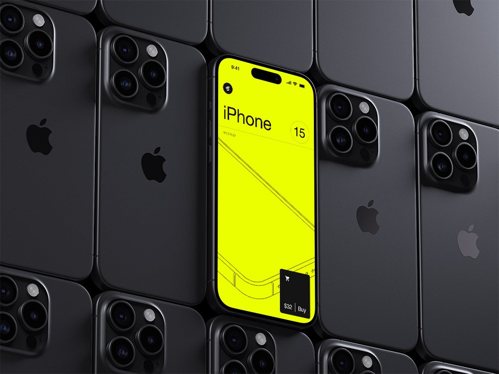 Iphone showing website design and development. yellow bright screen iphone 16 pro.