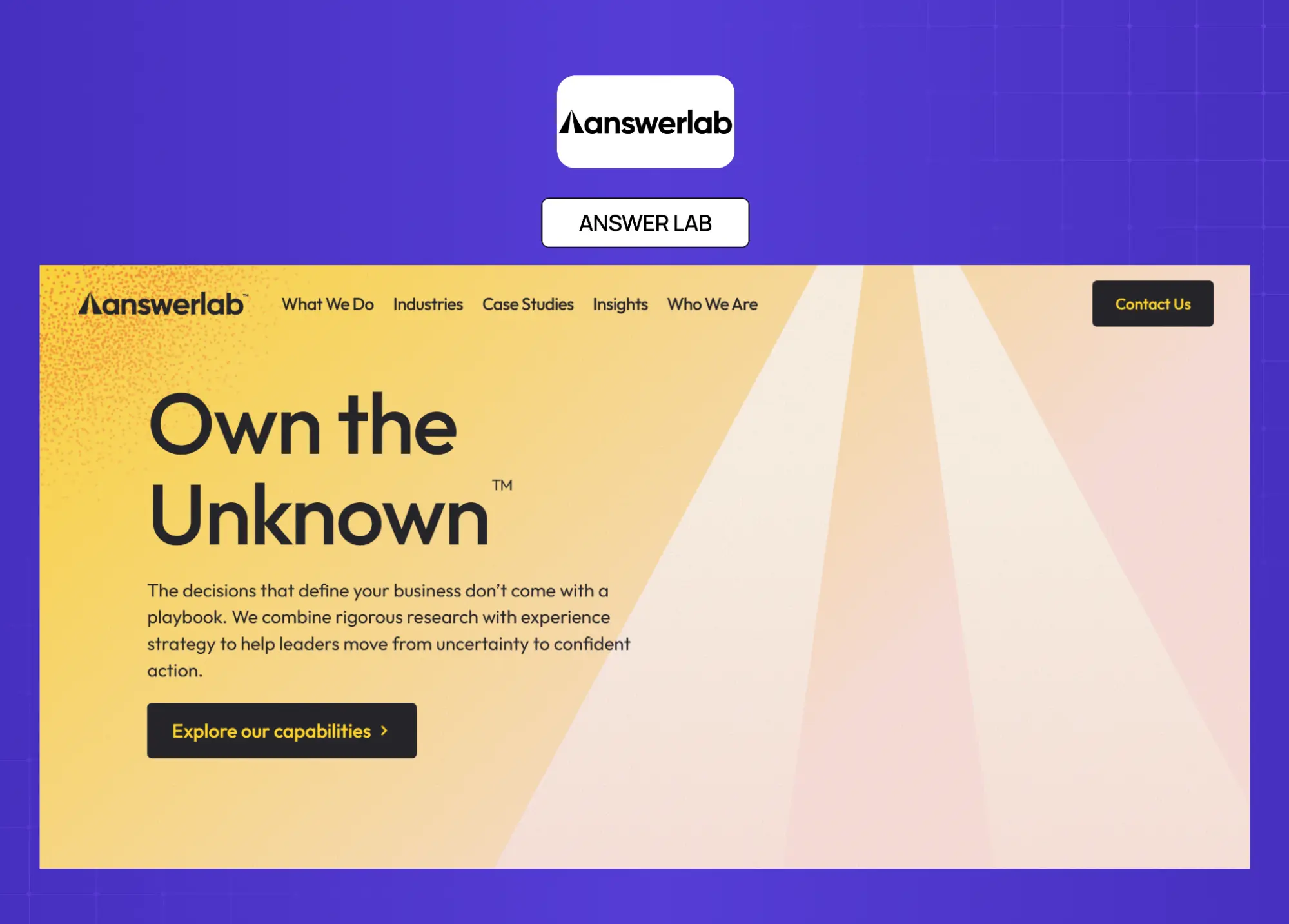 Homepage design for AnswerLab emphasizing research-driven business strategy with warm gradients, bold typography, and a clean enterprise layout.