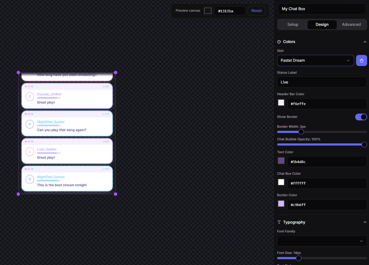 StreamSpell Chat Box editor showing the Pastel Dream premium skin selector and customization controls