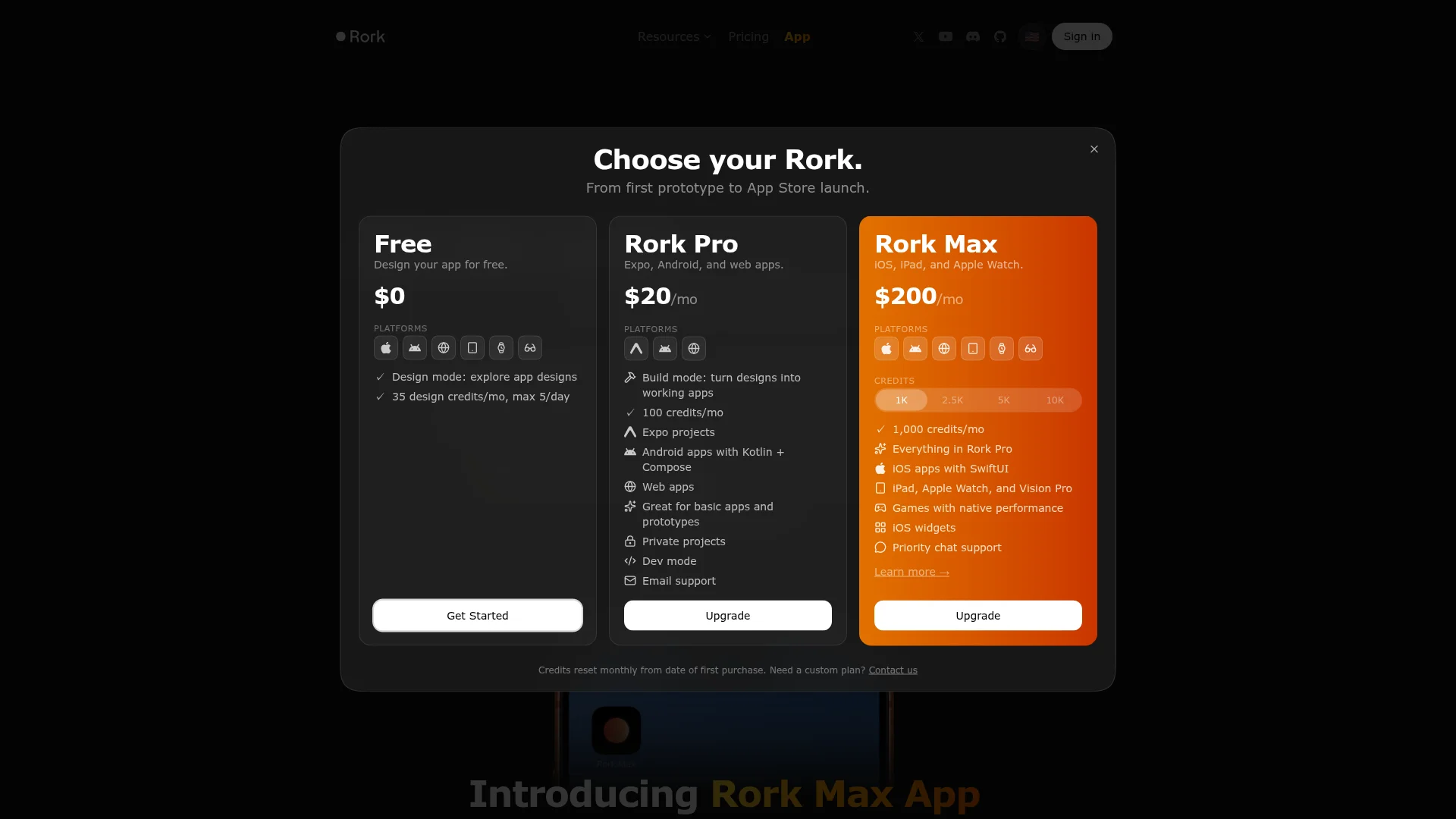 Rork 2026 pricing page showing Free, Rork Pro, and Rork Max plans