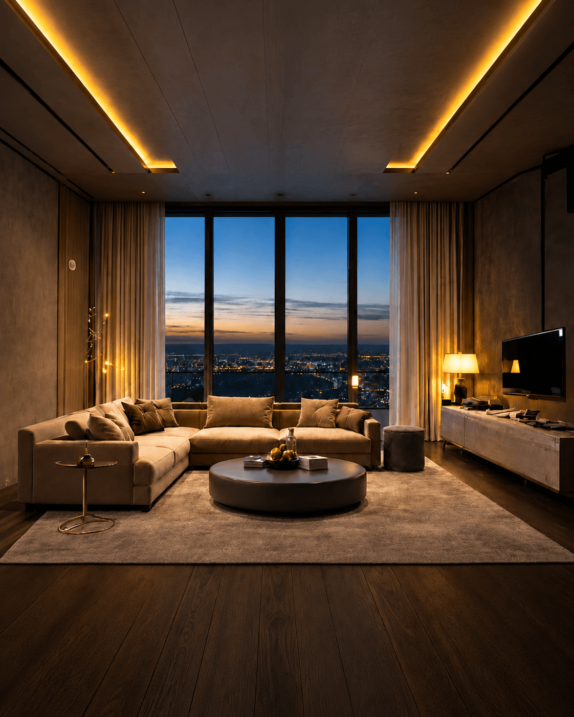 a living room with a couch, chair and table
