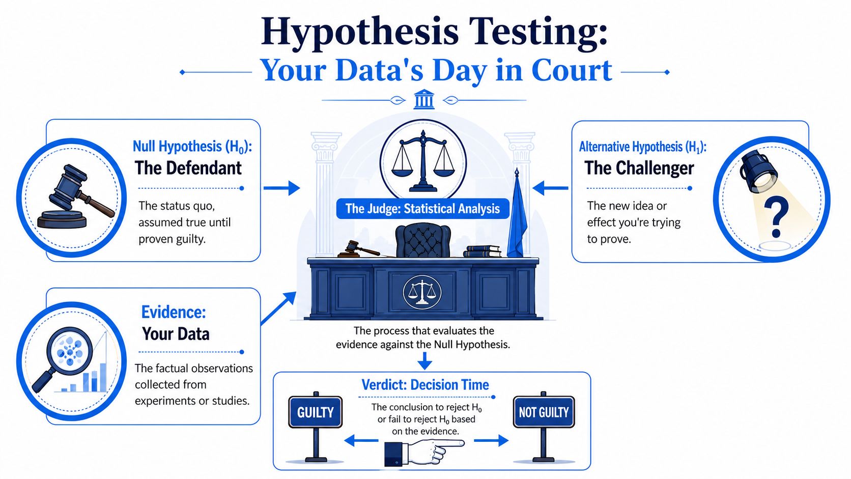 An infographic explaining hypothesis testing as a courtroom metaphor with the null hypothesis as the defendant.