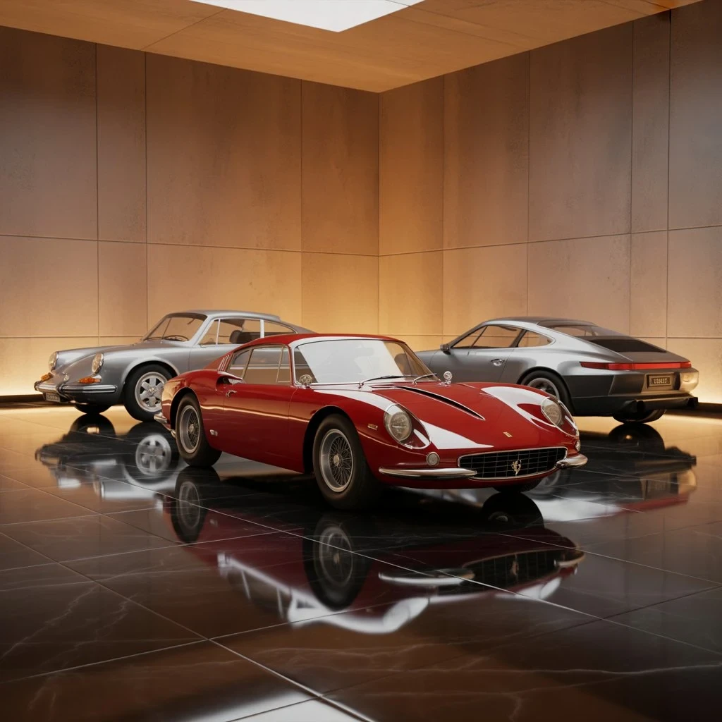Private Fahrzeugsammlung mit Ferrari und Porsche Klassikern in exklusivem Showroom – Oldtimer und Premium Car Versicherung Lions Group