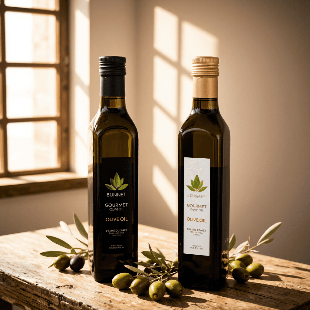 product photography of bottles of gourmet olive oil