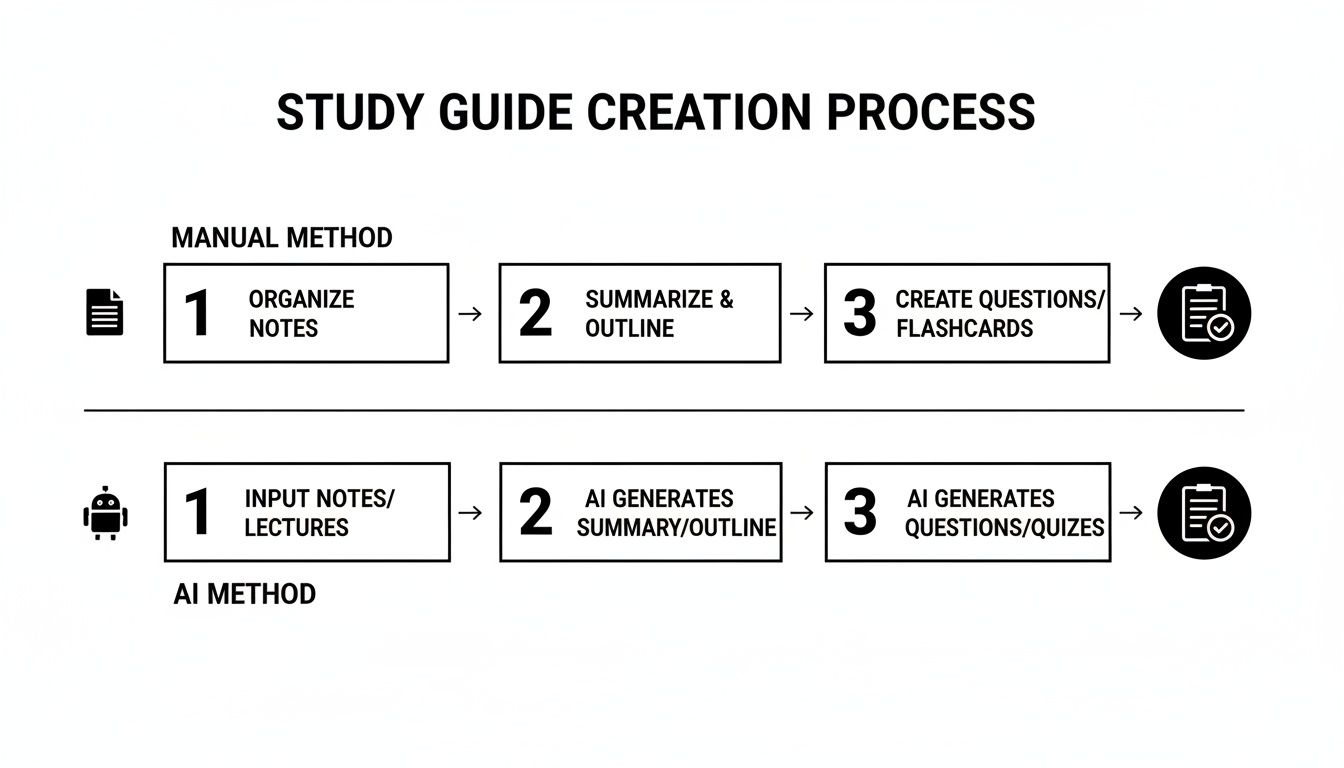 Flowchart comparing manual and AI methods for study guide creation, each with three steps.