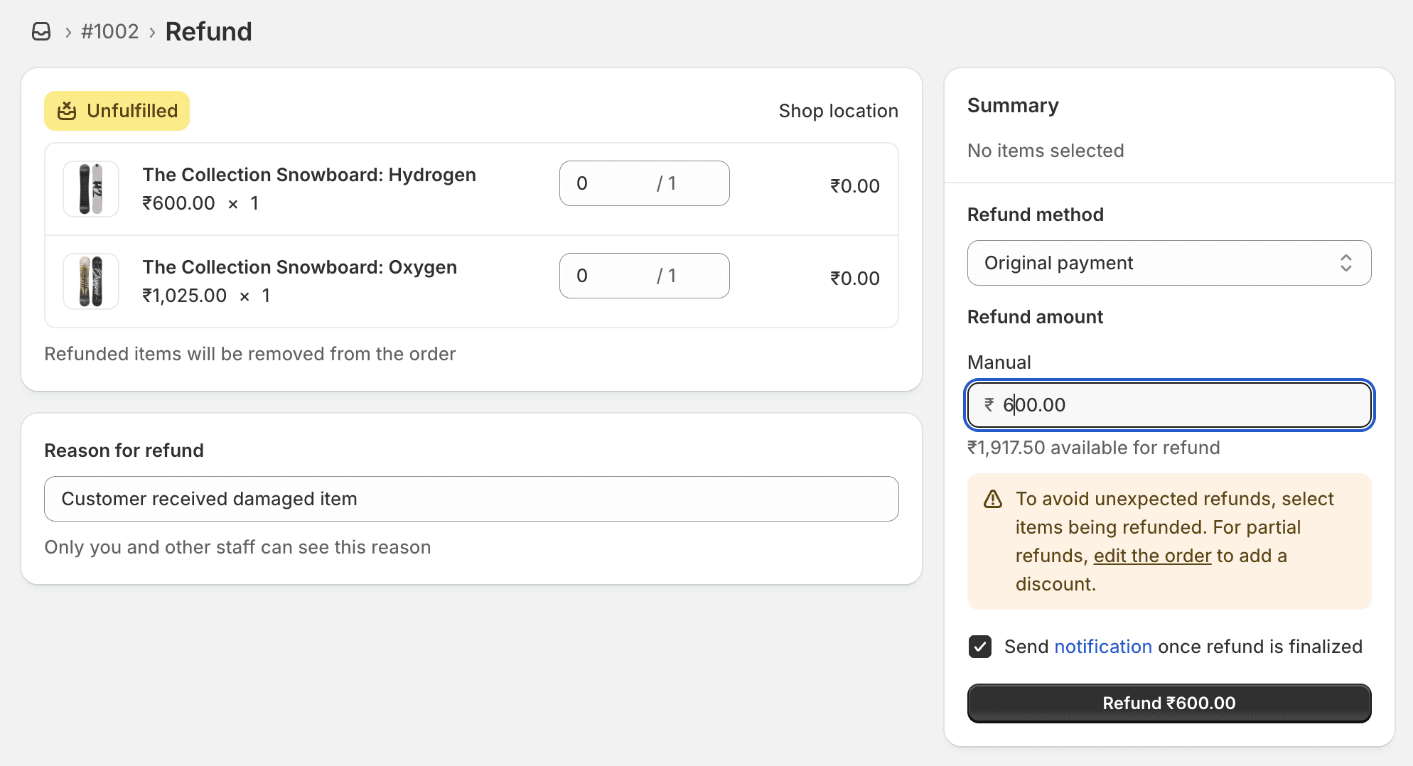 Shopify Order Admin Refund Section