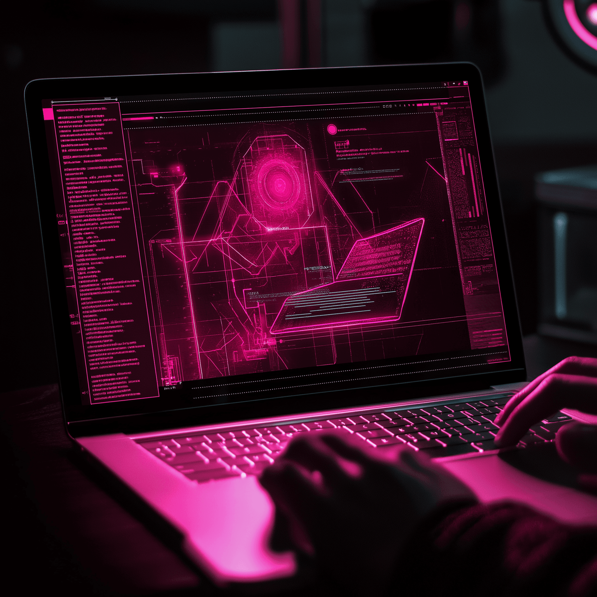 A person typing on a laptop against a vibrant pink background, illustrating the concept of vibe coding.