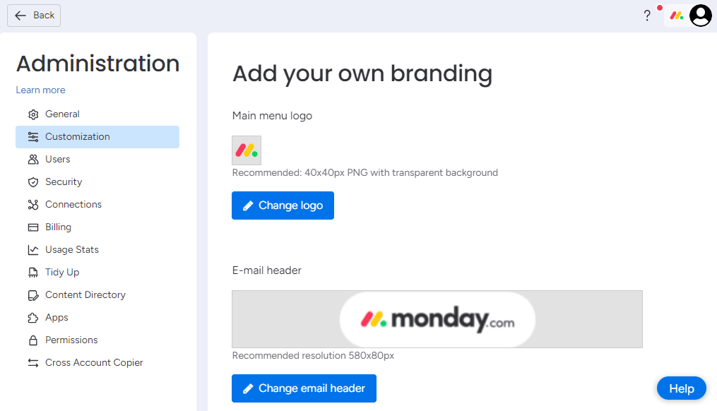 Monday custom branding interface with the options to set custom logo and change email header.