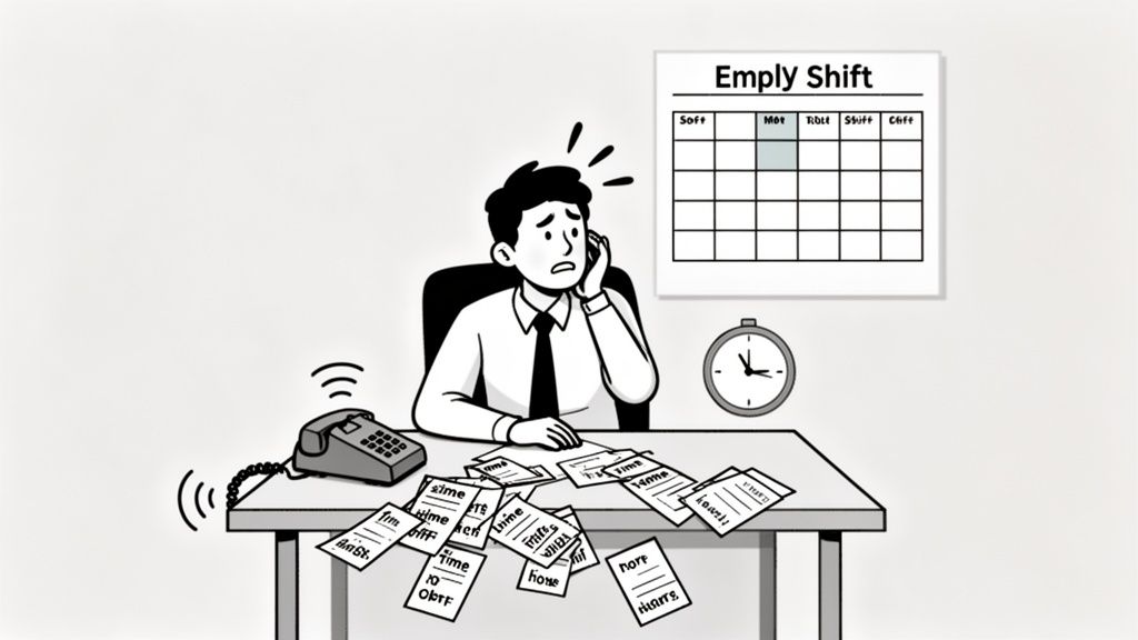 An overwhelmed employee on the phone, surrounded by time-off requests, facing an 